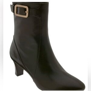 Dark Chocolate Brown Kitten Heeled Boots with Gold Buckle